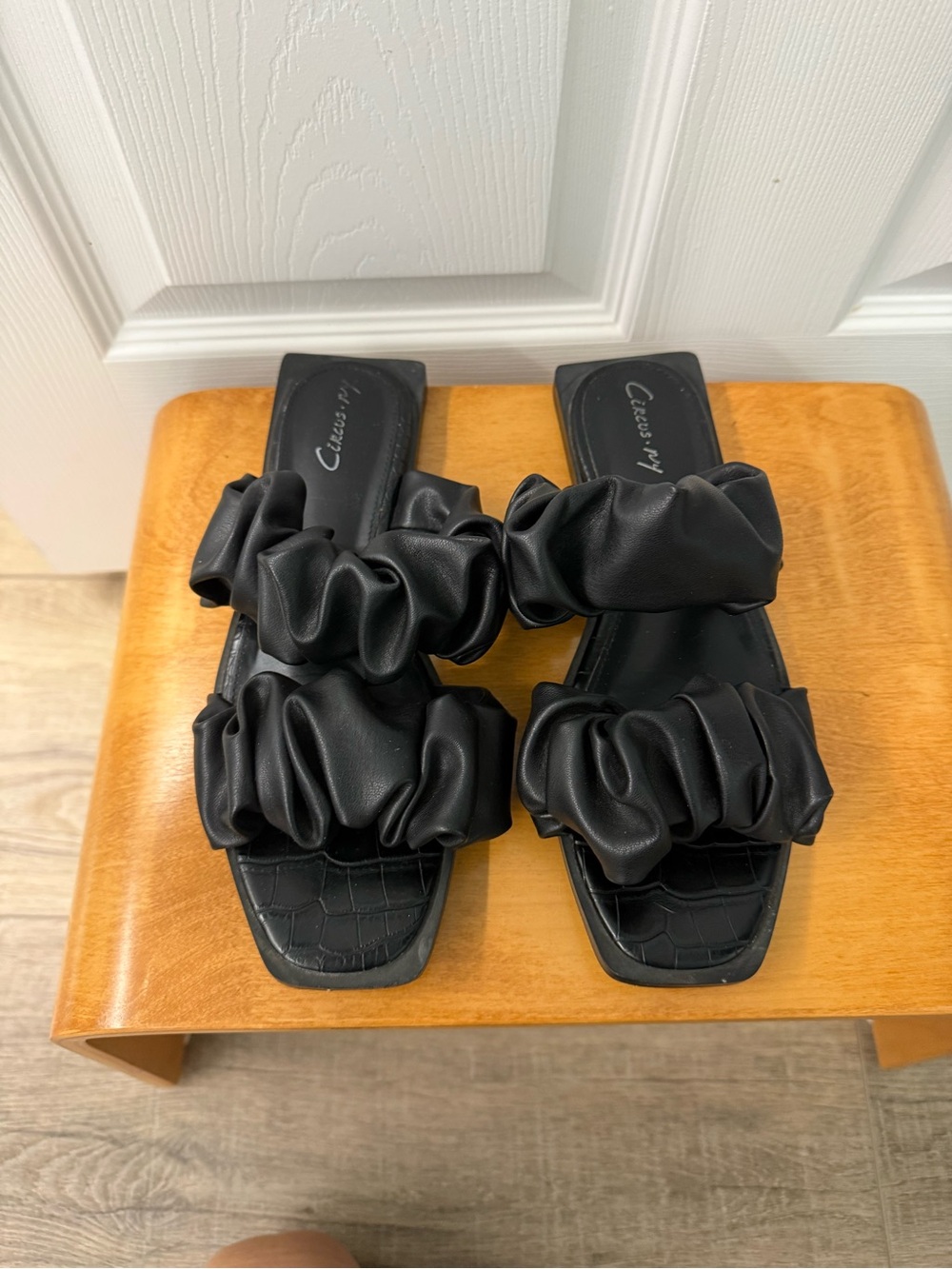 Black Double-Ruffle Slide Sandals by Canvasjoy